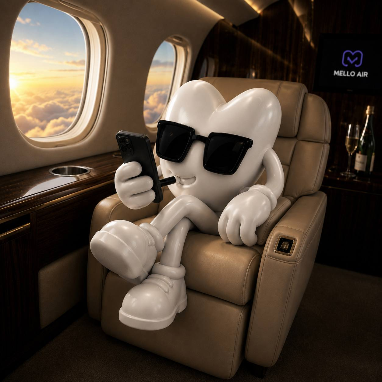 The mascot lounging in a private jet, checking its phone with a glass of champagne nearby